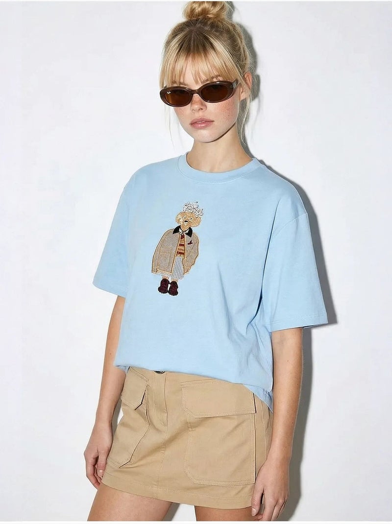 T-shirt girocollo ricamata dalla vestibilità rilassata lucci Blu cielo - Kiabi