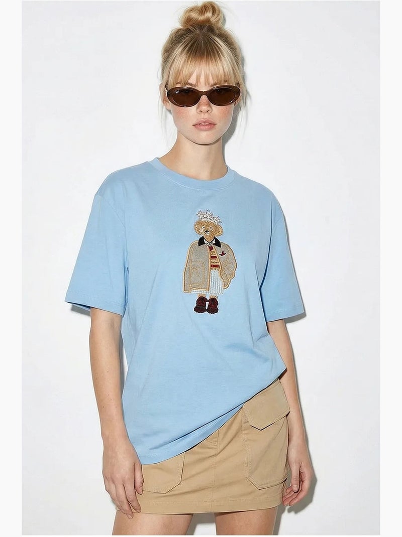 T-shirt girocollo ricamata dalla vestibilità rilassata lucci Blu cielo - Kiabi