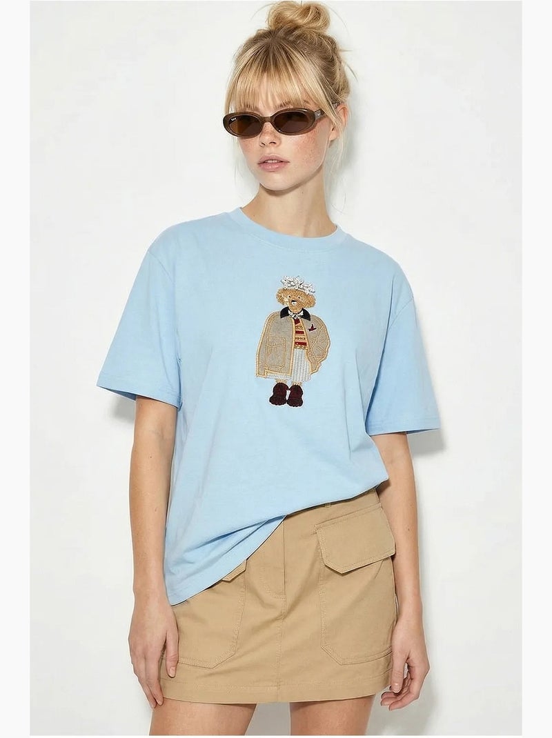 T-shirt girocollo ricamata dalla vestibilità rilassata lucci Blu cielo - Kiabi
