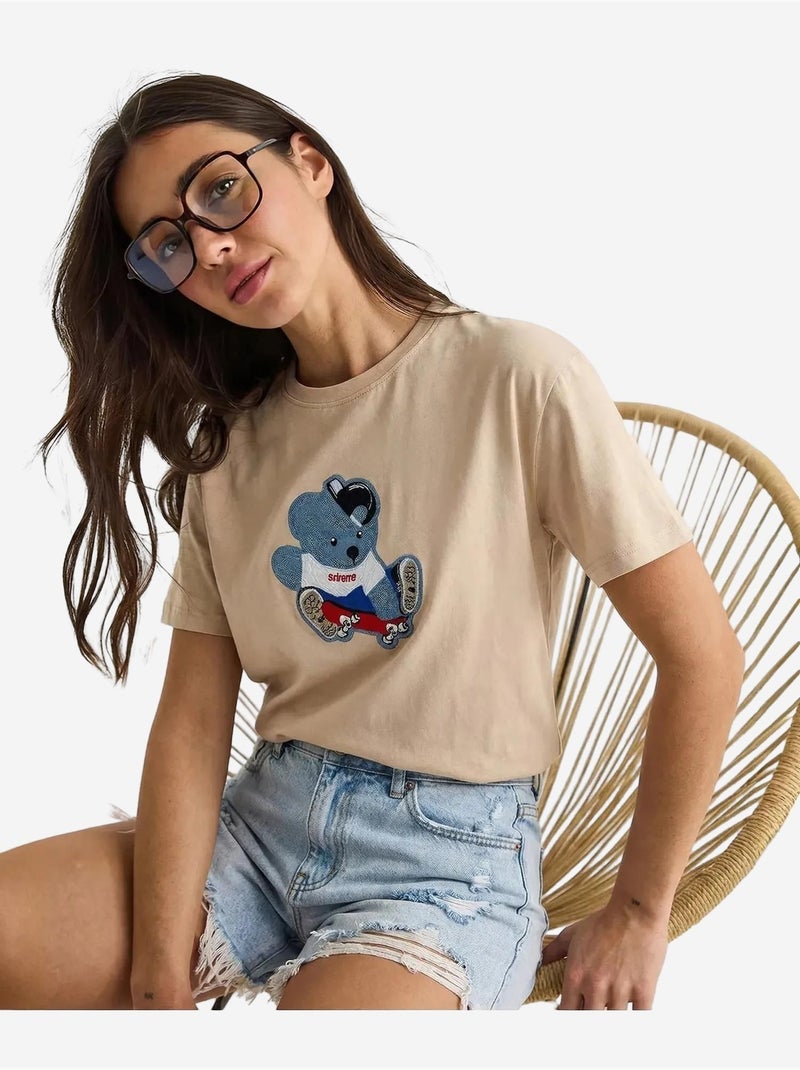 T-shirt girocollo ricamata lucci Beige argilla - Kiabi