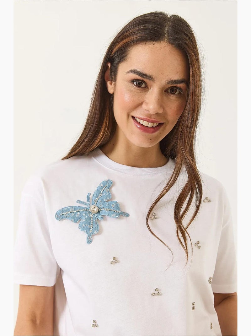T-shirt girocollo ricamata lucci Bianco - Kiabi