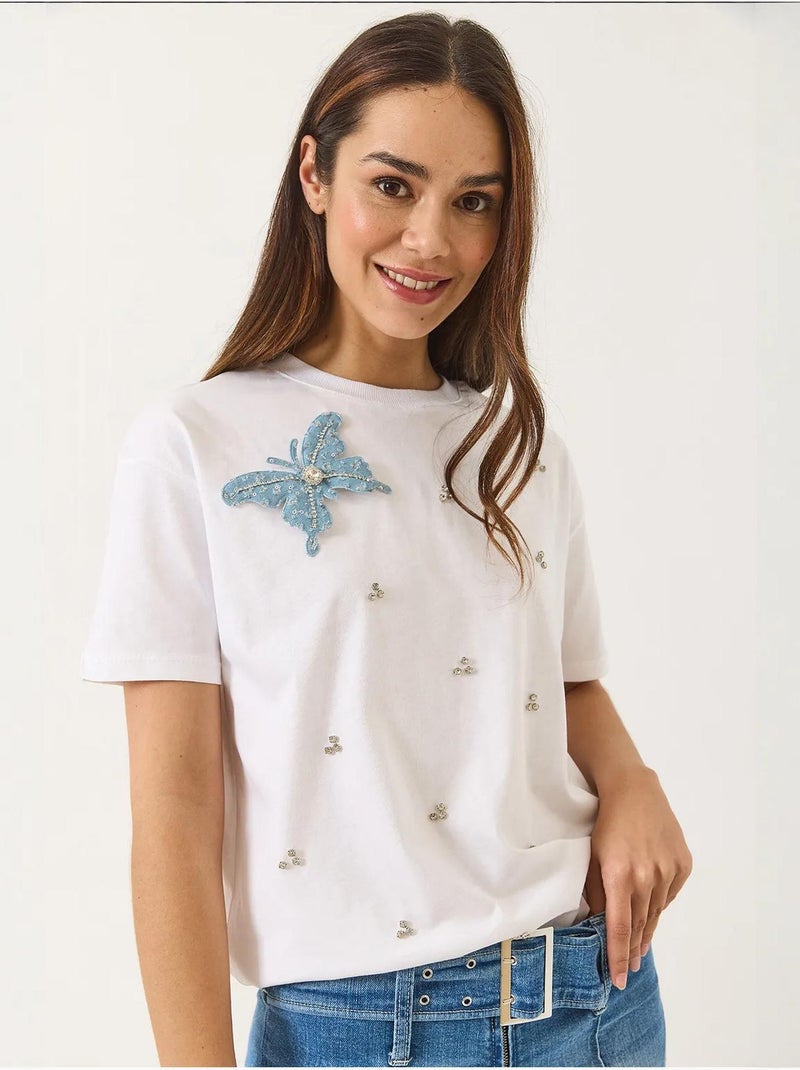 T-shirt girocollo ricamata lucci Bianco - Kiabi