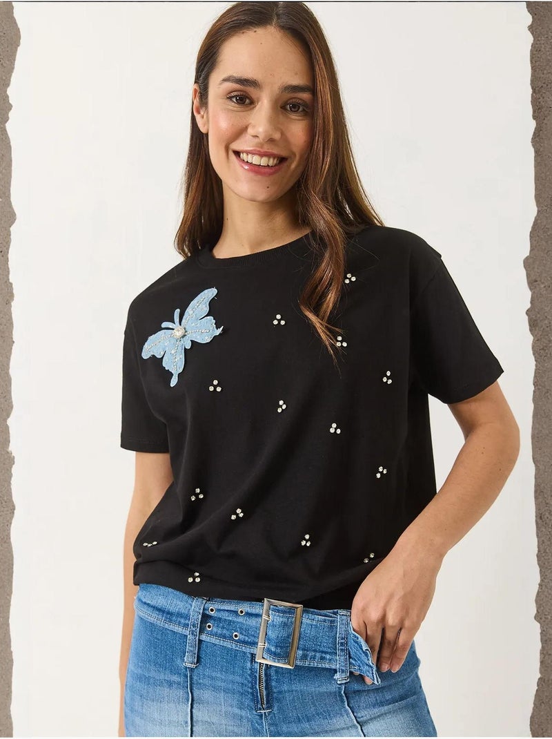 T-shirt girocollo ricamata lucci Nero - Kiabi