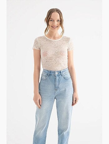 T-shirt girocollo ricamo fiori tulle manica corta hiccup
