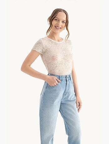 T-shirt girocollo ricamo fiori tulle manica corta hiccup