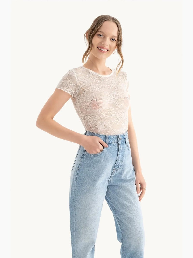 T-shirt girocollo ricamo fiori tulle manica corta hiccup Bianco - Kiabi
