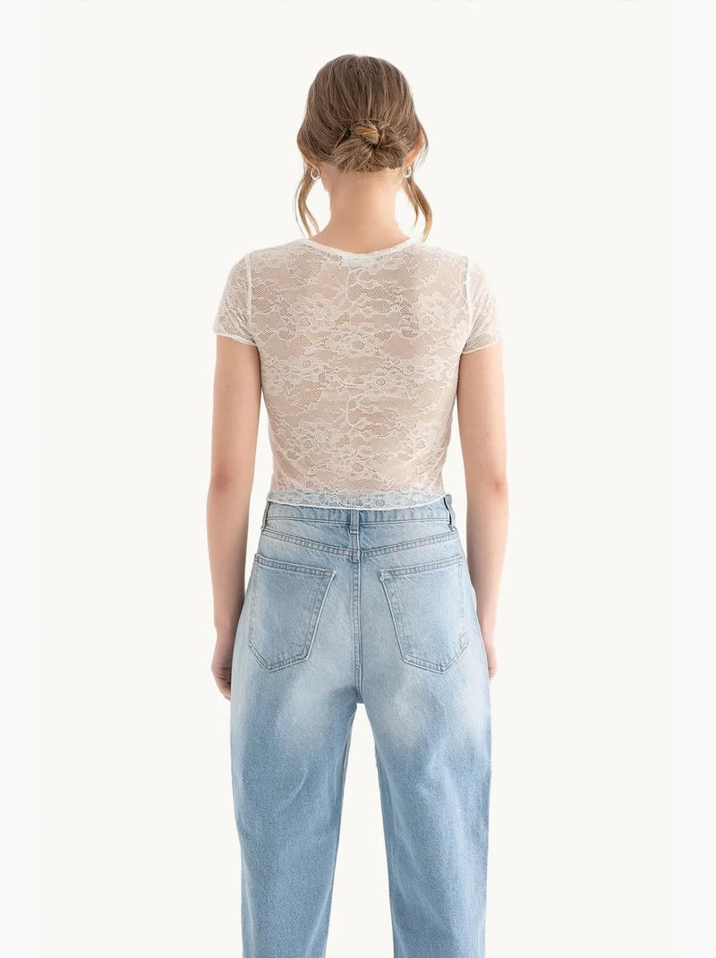 T-shirt girocollo ricamo fiori tulle manica corta hiccup Bianco - Kiabi