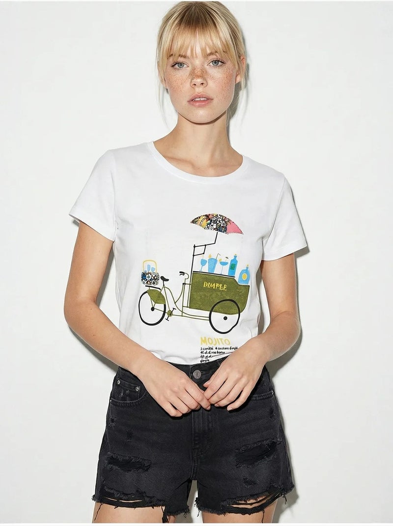 T-shirt girocollo stampata con ricamo lucci Bianco - Kiabi
