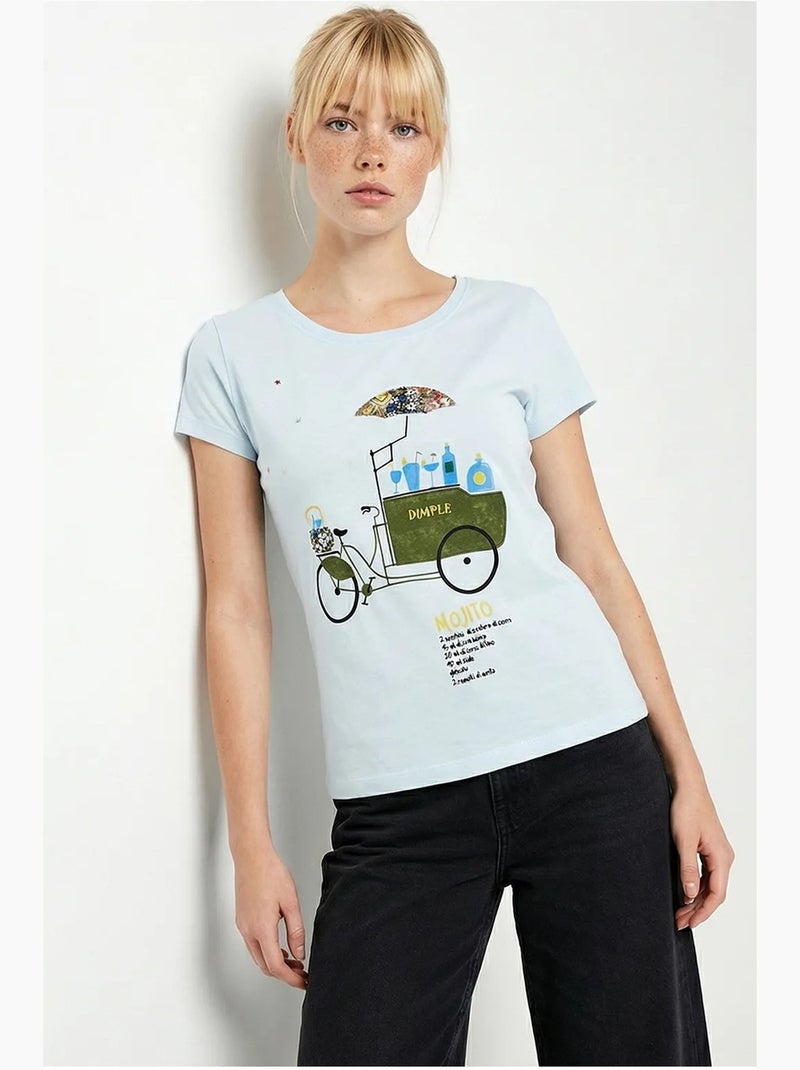 T-shirt girocollo stampata con ricamo lucci Blu cielo - Kiabi