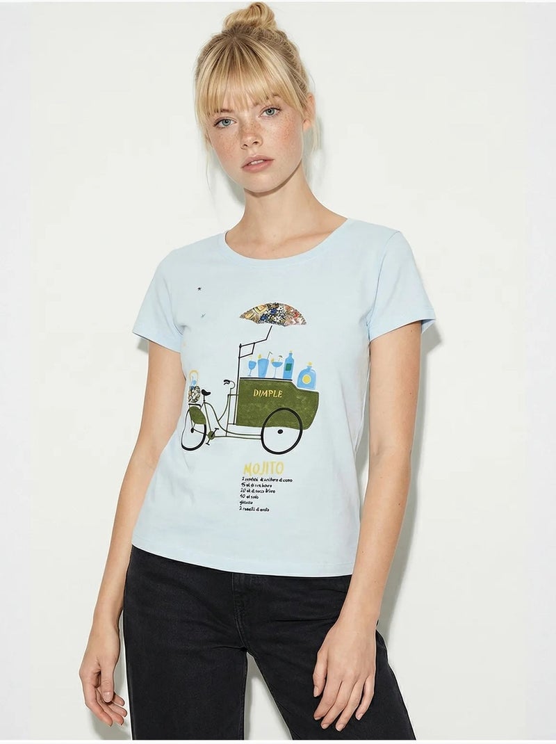 T-shirt girocollo stampata con ricamo lucci Blu cielo - Kiabi