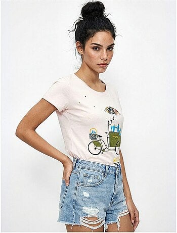 T-shirt girocollo stampata con ricamo lucci