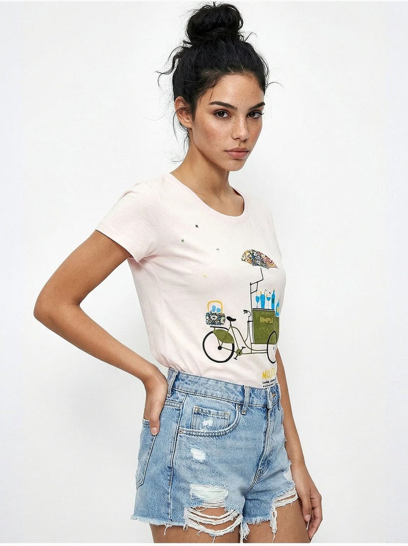 T-shirt girocollo stampata con ricamo lucci Rosa pallido - Kiabi