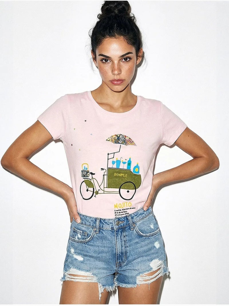 T-shirt girocollo stampata con ricamo lucci Rosa pallido - Kiabi