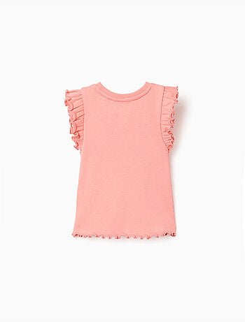 T-shirt in cotone a costine con volant e fiori