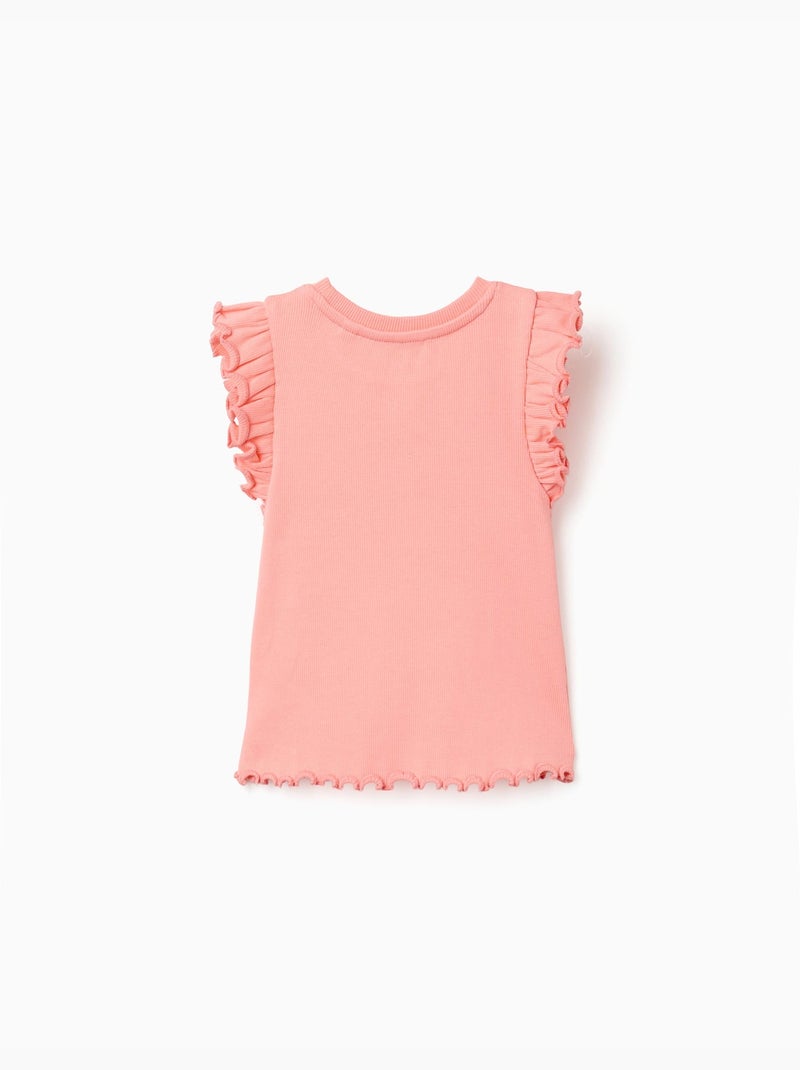 T-shirt in cotone a costine con volant e fiori Arancione corallo - Kiabi