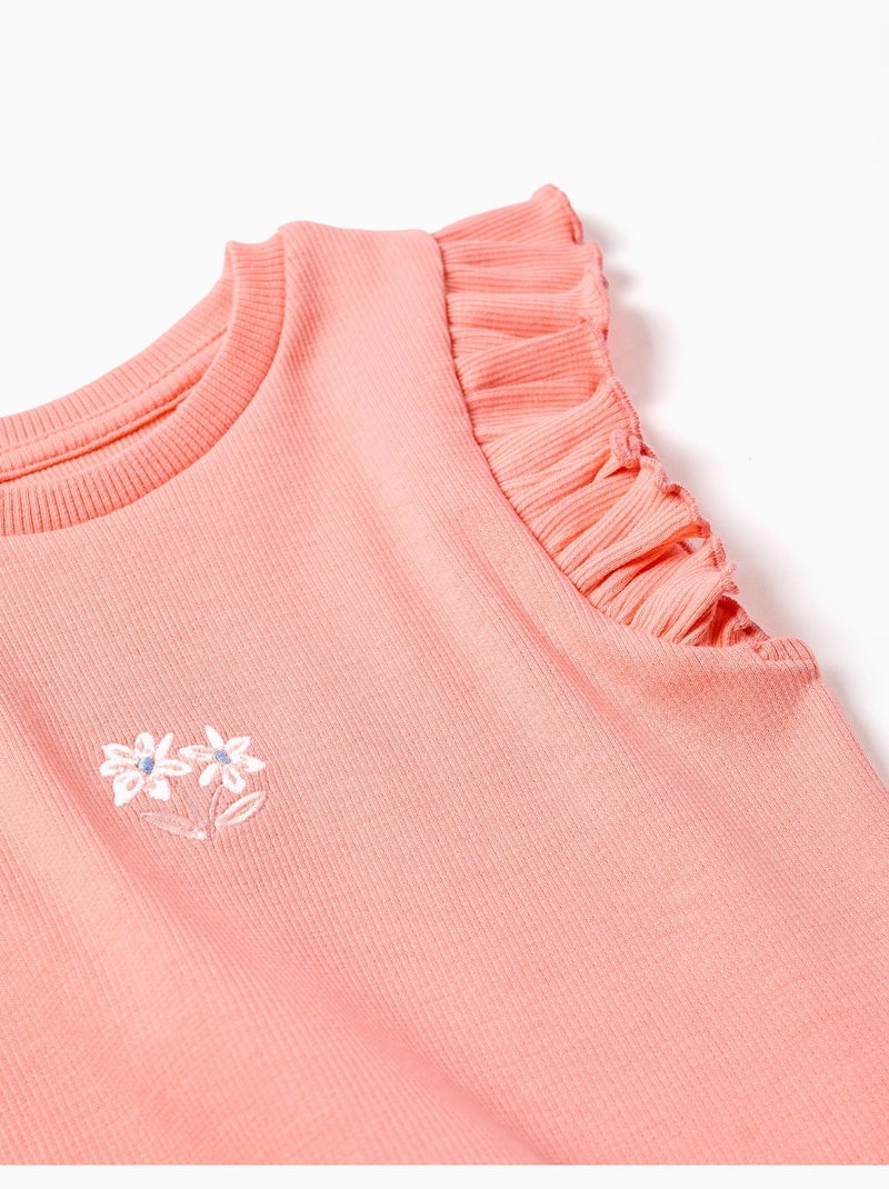 T-shirt in cotone a costine con volant e fiori Arancione corallo - Kiabi