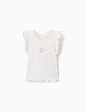T-shirt in cotone a costine con volant e fiori