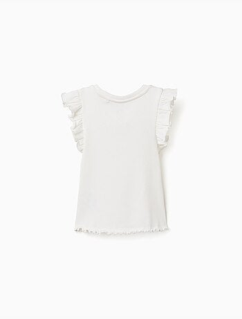T-shirt in cotone a costine con volant e fiori
