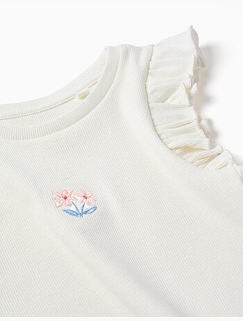 T-shirt in cotone a costine con volant e fiori