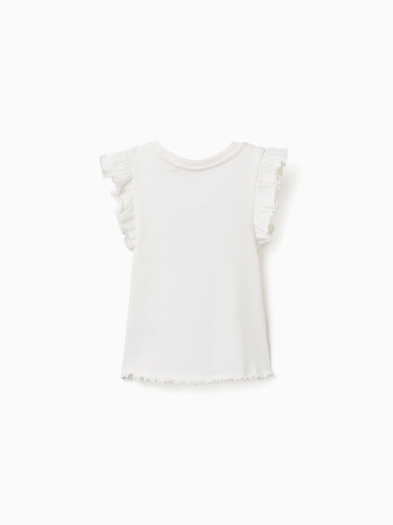 T-shirt in cotone a costine con volant e fiori Bianco - Kiabi