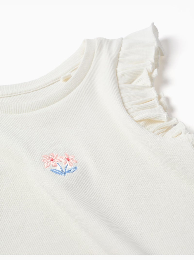 T-shirt in cotone a costine con volant e fiori Bianco - Kiabi
