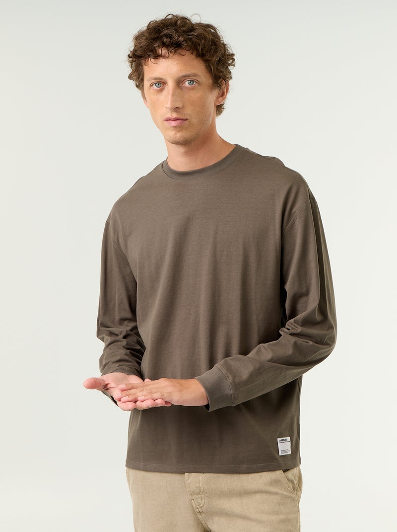 T-shirt in cotone a maniche lunghe e scollo rotondo Kaki - Kiabi