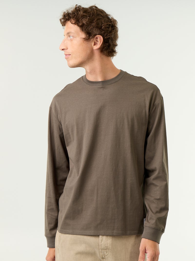 T-shirt in cotone a maniche lunghe e scollo rotondo Kaki - Kiabi
