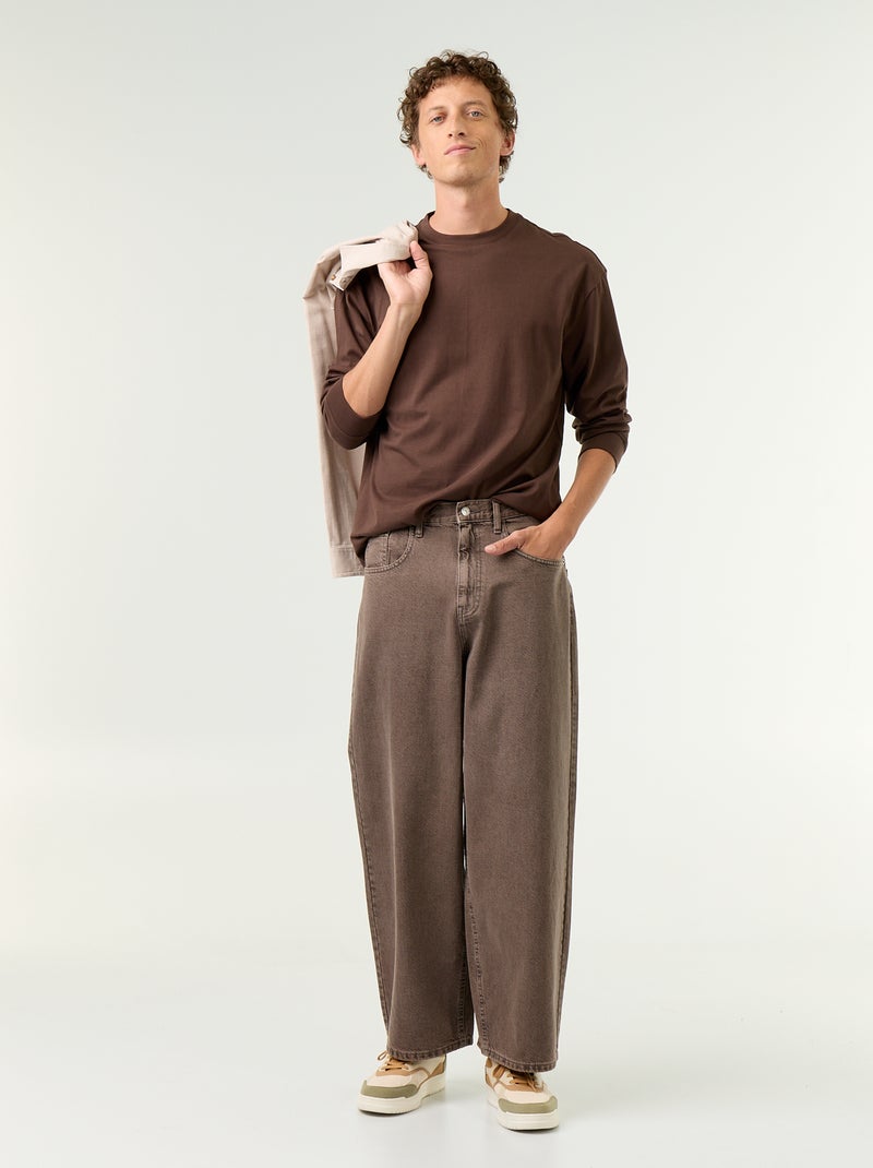 T-shirt in cotone a maniche lunghe e scollo rotondo Marrone - Kiabi