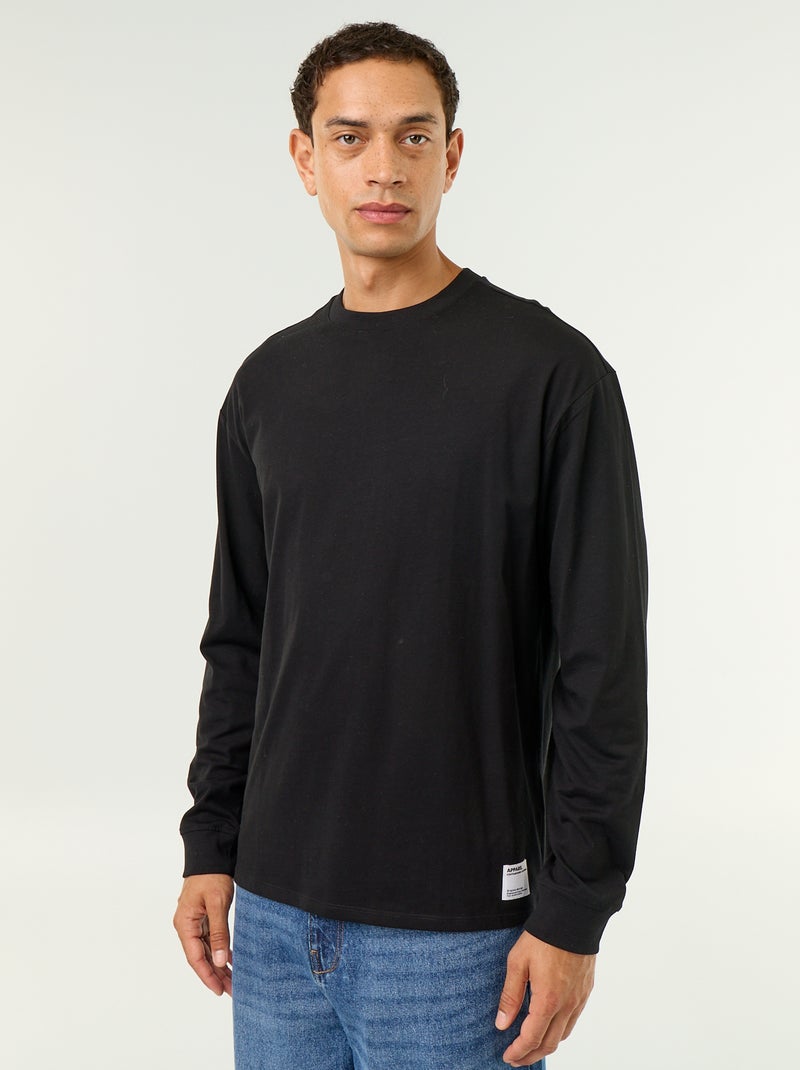 T-shirt in cotone a maniche lunghe e scollo rotondo Nero - Kiabi