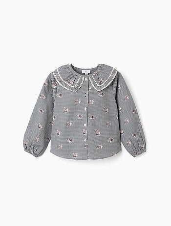 T-shirt in cotone a quadretti con stampa floreale