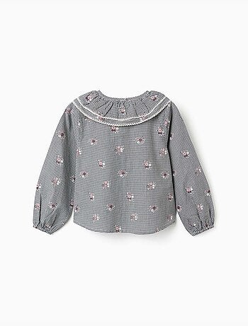 T-shirt in cotone a quadretti con stampa floreale