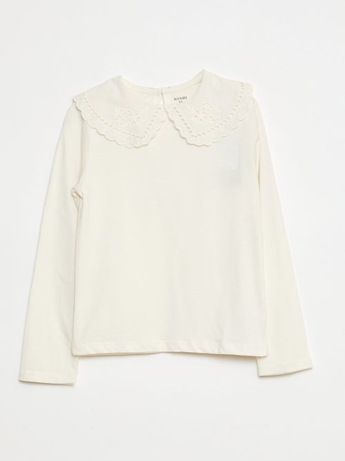 T-shirt in cotone con colletto ricamato - Kiabi
