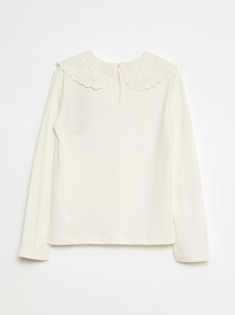 T-shirt in cotone con colletto ricamato Bianco - Kiabi