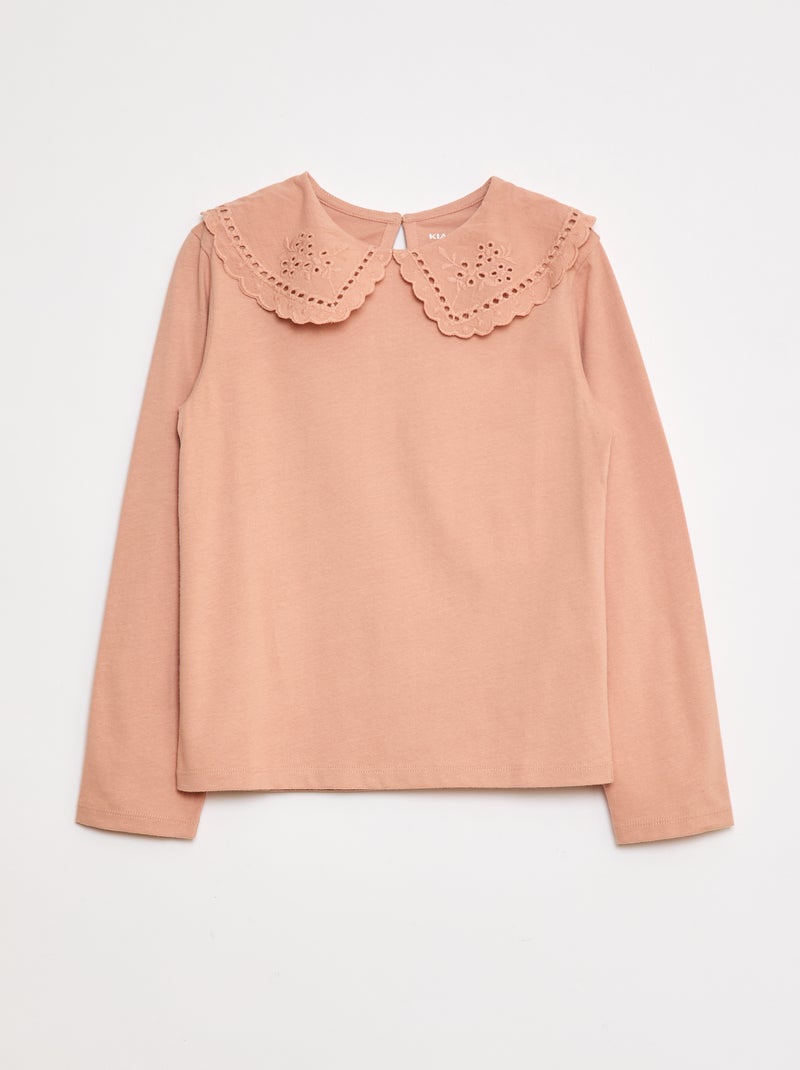 T-shirt in cotone con colletto ricamato Rosa - Kiabi