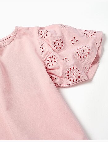 Maglietta in cotone con maniche in ricamo inglese