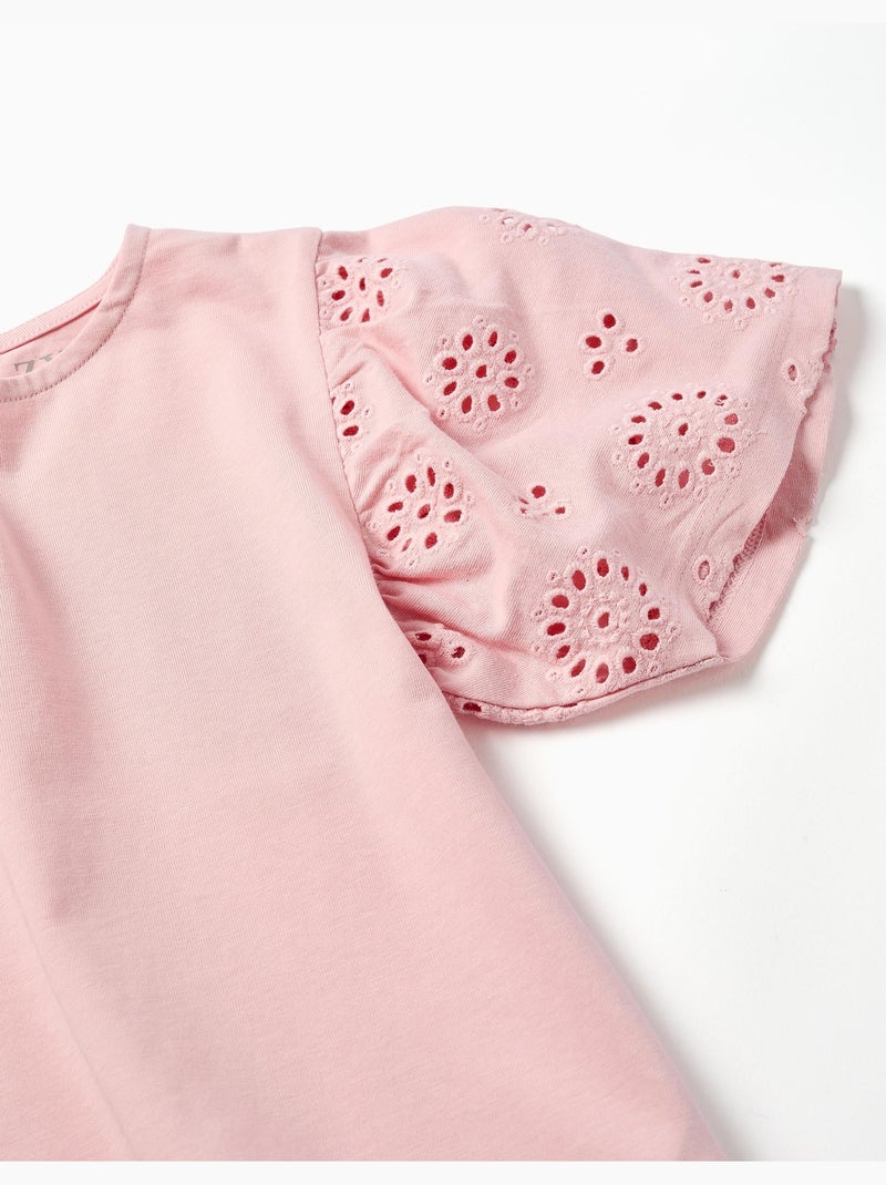 T-shirt in cotone con maniche in broderie anglaise Rosa chiaro - Kiabi