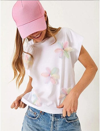 T-shirt in cotone con ricamo floreale e girocollo lucci