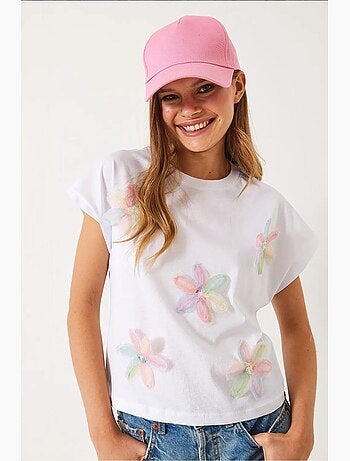 T-shirt in cotone con ricamo floreale e girocollo lucci