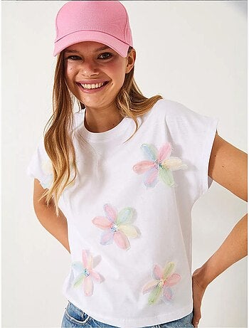T-shirt in cotone con ricamo floreale e girocollo lucci