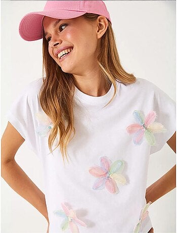 T-shirt in cotone con ricamo floreale e girocollo lucci