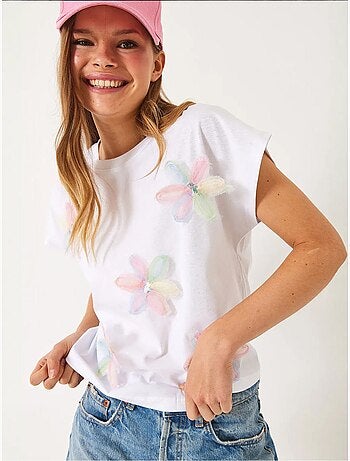 T-shirt in cotone con ricamo floreale e girocollo lucci
