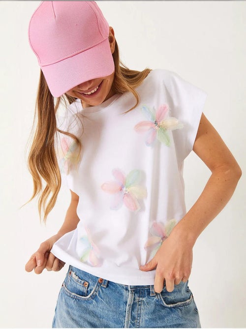 T-shirt in cotone con ricamo floreale e girocollo lucci - Kiabi T-shirt in cotone con ricamo floreale e girocollo lucci - Kiabi