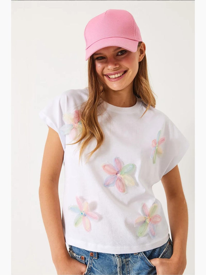 T-shirt in cotone con ricamo floreale e girocollo lucci Bianco - Kiabi