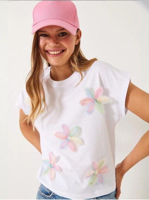 T-shirt in cotone con ricamo floreale e girocollo lucci - Kiabi T-shirt in cotone con ricamo floreale e girocollo lucci - Kiabi