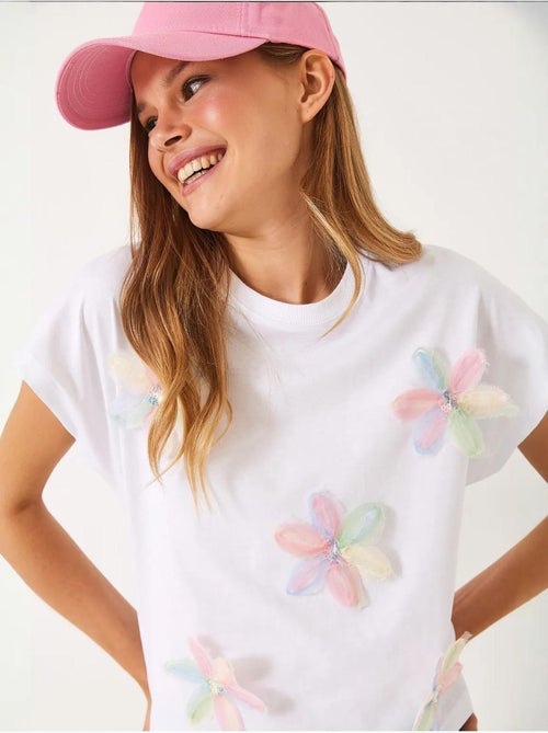 T-shirt in cotone con ricamo floreale e girocollo lucci - Kiabi T-shirt in cotone con ricamo floreale e girocollo lucci - Kiabi