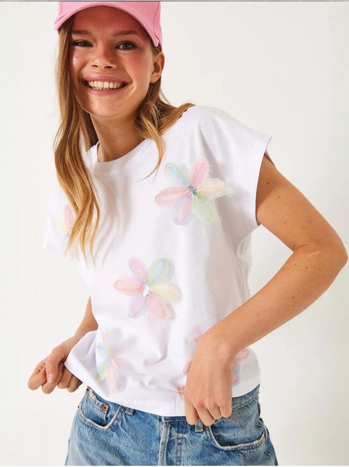 T-shirt in cotone con ricamo floreale e girocollo lucci - Kiabi T-shirt in cotone con ricamo floreale e girocollo lucci - Kiabi
