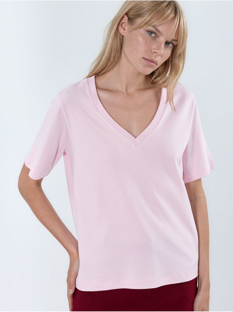 T-shirt in cotone con scollo a v dalla vestibilità regolare tinta unita busem Rosa chiaro - Kiabi