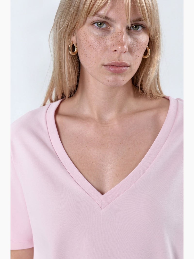 T-shirt in cotone con scollo a v dalla vestibilità regolare tinta unita busem Rosa chiaro - Kiabi