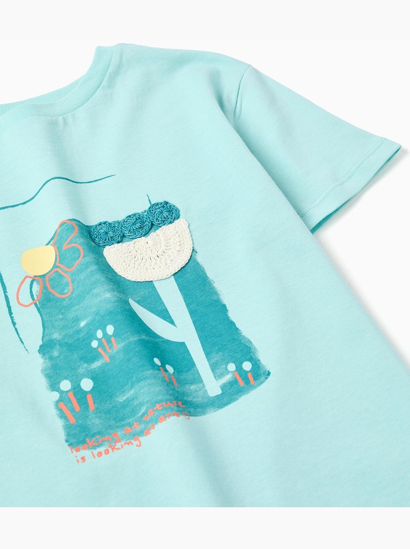 T-shirt in cotone con stampa e applicazione all'uncinetto Blu chiaro - Kiabi
