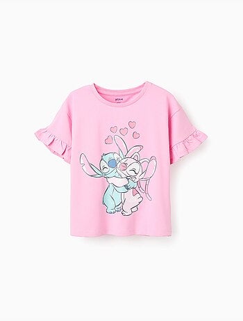 T-shirt in cotone con stampa stitch e angel e volant